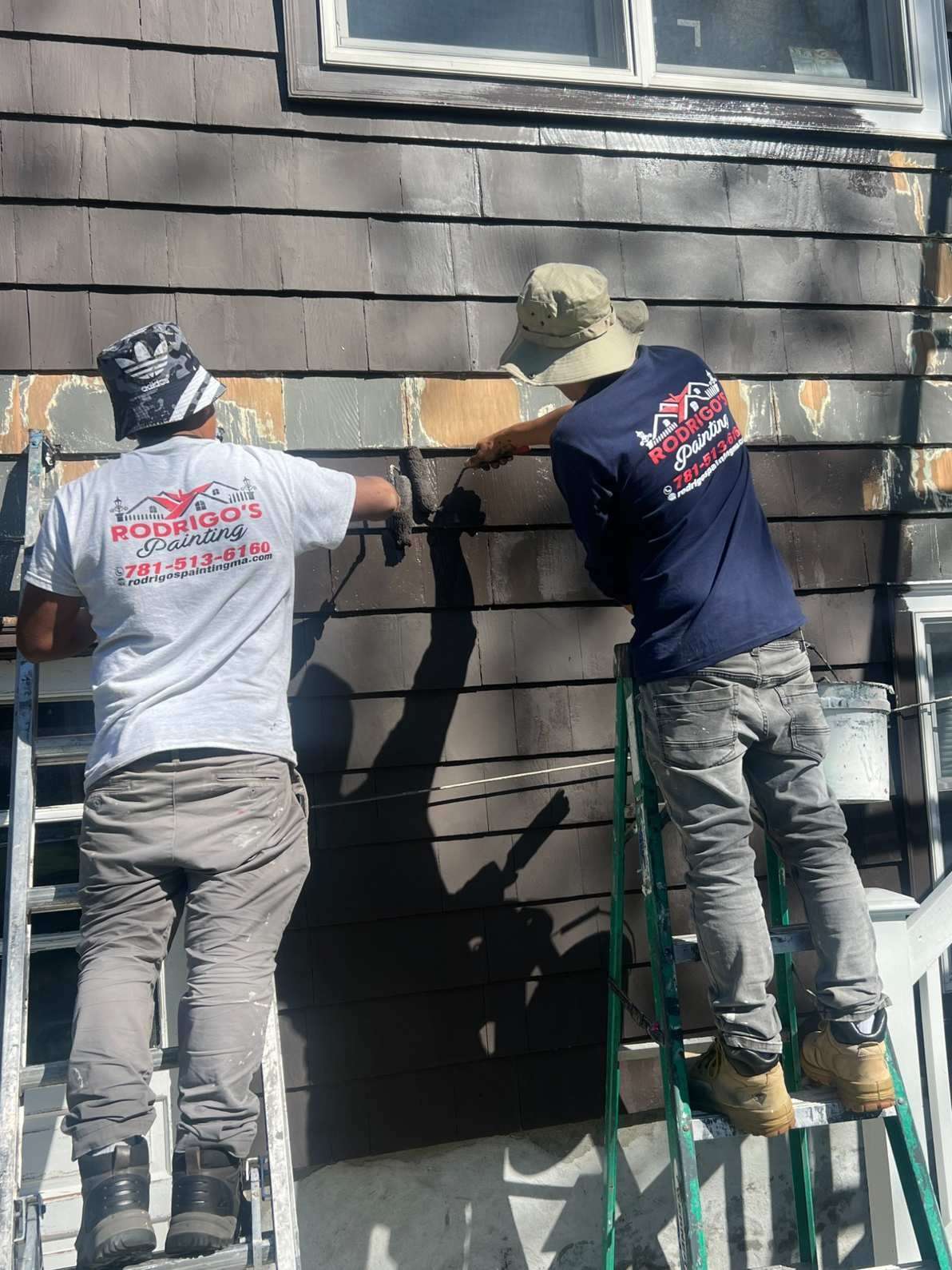 Cedar siding painting progress in Marblehead, MA